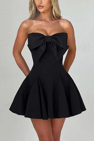 Cute Satin Strapless A-Line Bow Sleeveless Mini Zipper Back Homecoming Party Dress