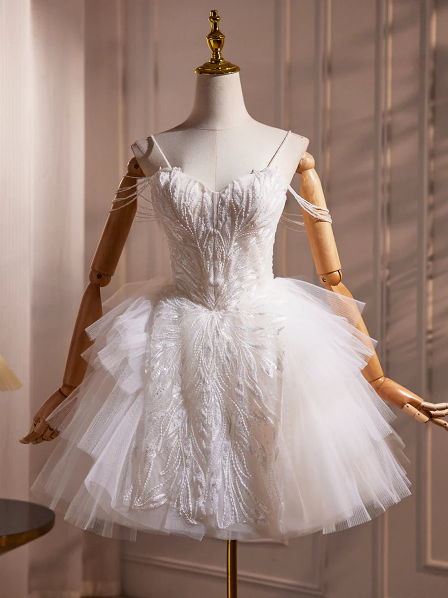 Cute White Spaghetti Strap Tulle Beaded A-Line Short Prom Dress Party Dress