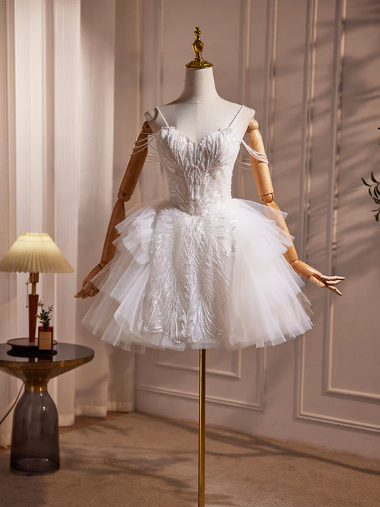 Cute White Spaghetti Strap Tulle Beaded A-Line Short Prom Dress Party Dress