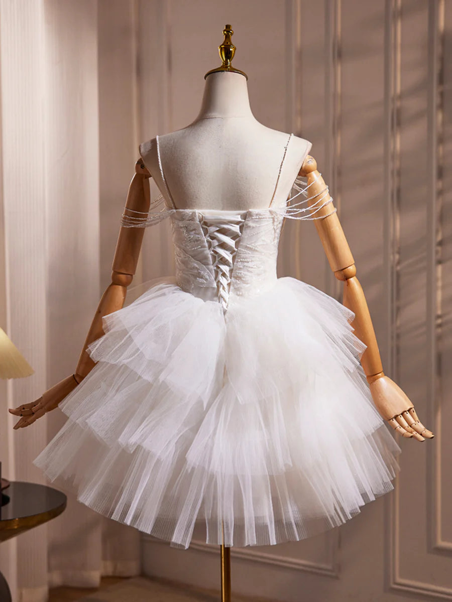 Cute White Spaghetti Strap Tulle Beaded A-Line Short Prom Dress Party Dress