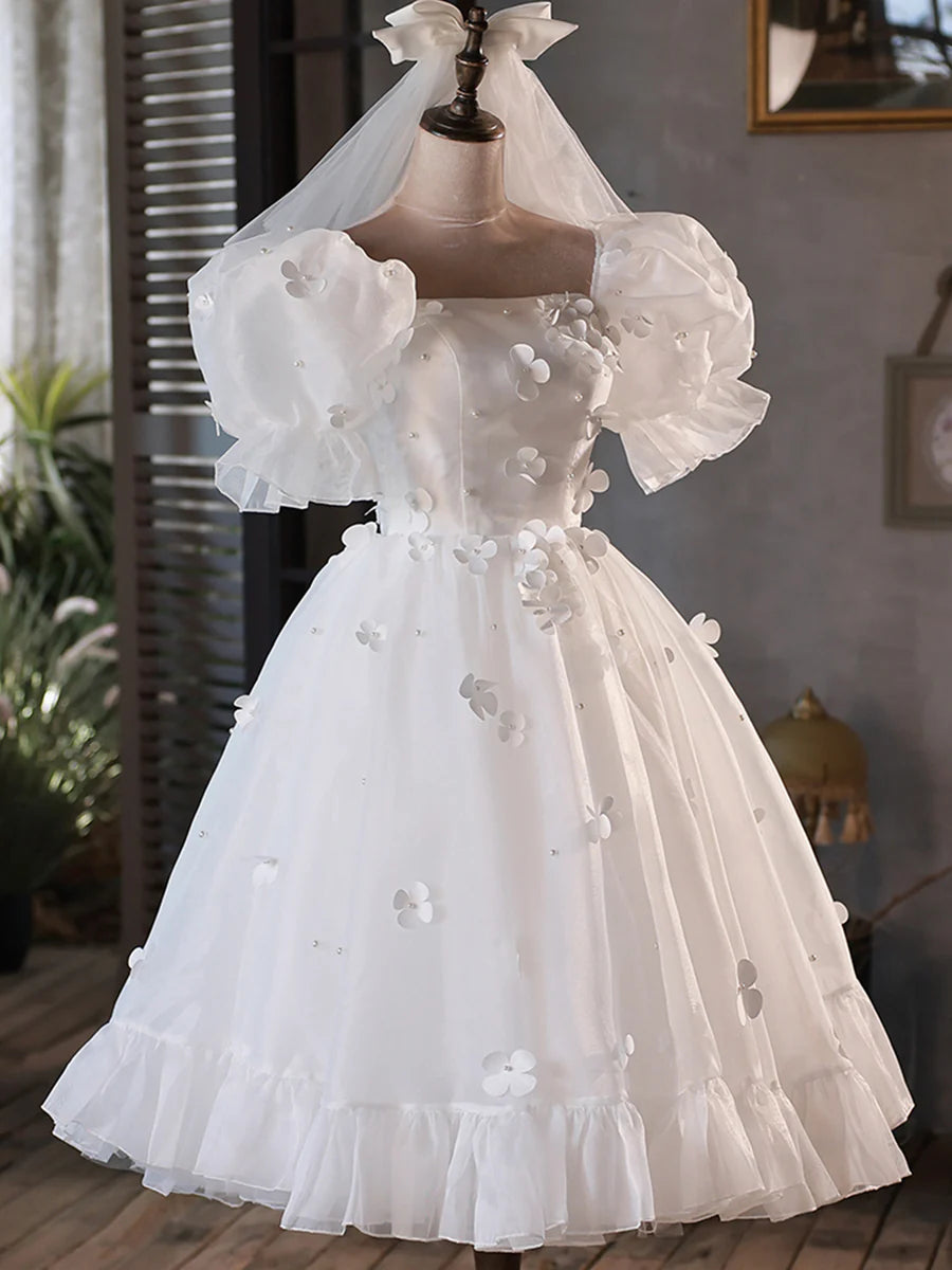 Cute White Tulle With Applique Puff Sleeve A-Line Short Prom Dress Party Dress