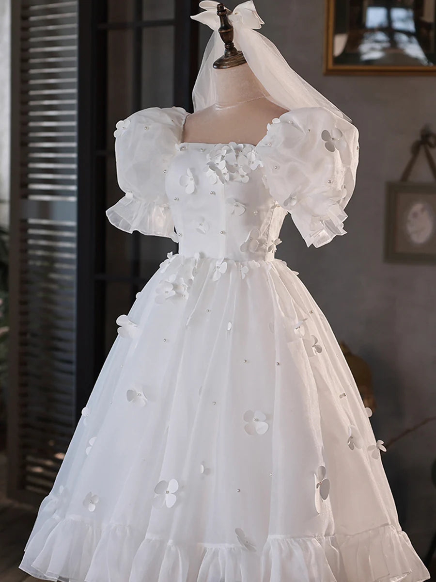 Cute White Tulle With Applique Puff Sleeve A-Line Short Prom Dress Party Dress