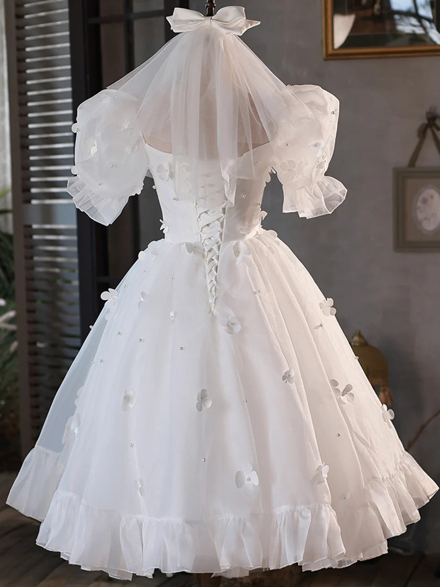 Cute White Tulle With Applique Puff Sleeve A-Line Short Prom Dress Party Dress