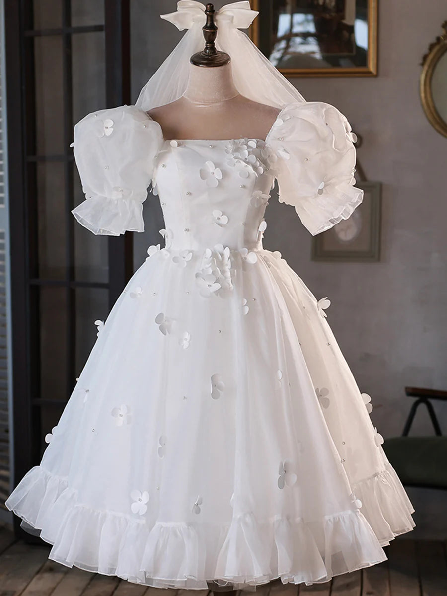 Cute White Tulle With Applique Puff Sleeve A-Line Short Prom Dress Party Dress