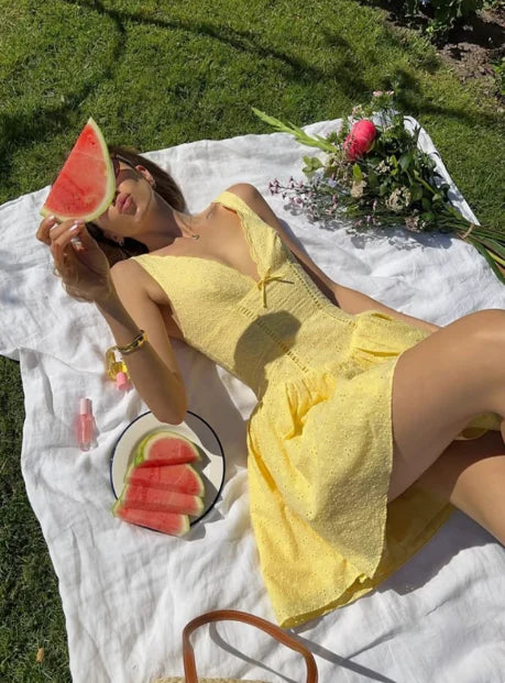 Cute Yellow Lace Suspenders V-neck Slim Fit A-line Short Birthday Dress Homecoming Dress