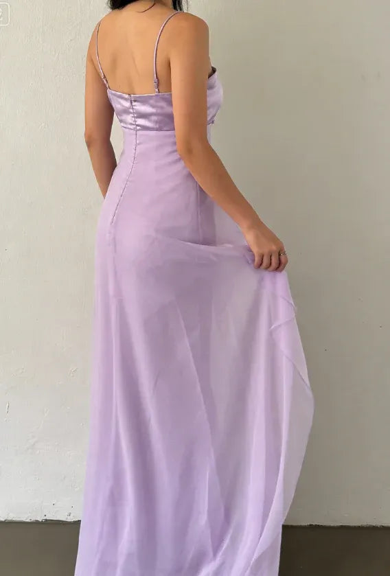 Cute A Line Spaghetti Strap Purple Satin Chiffon Long Prom Dress