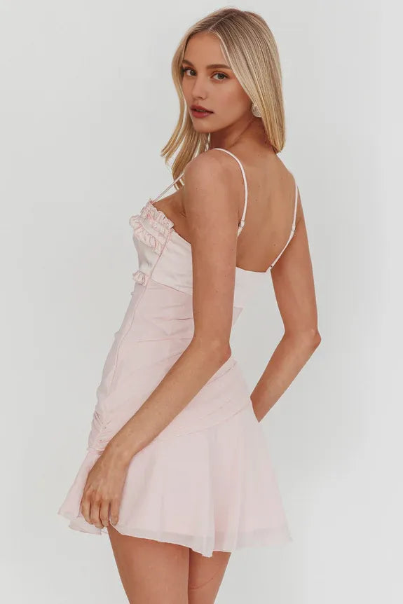 Dainty Sweetheart Spaghetti Straps Frill Trim Pink Mini Homecoming Dress