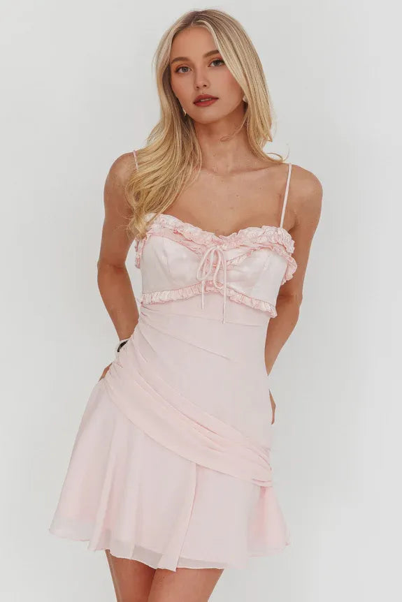 Dainty Sweetheart Spaghetti Straps Frill Trim Pink Mini Homecoming Dress