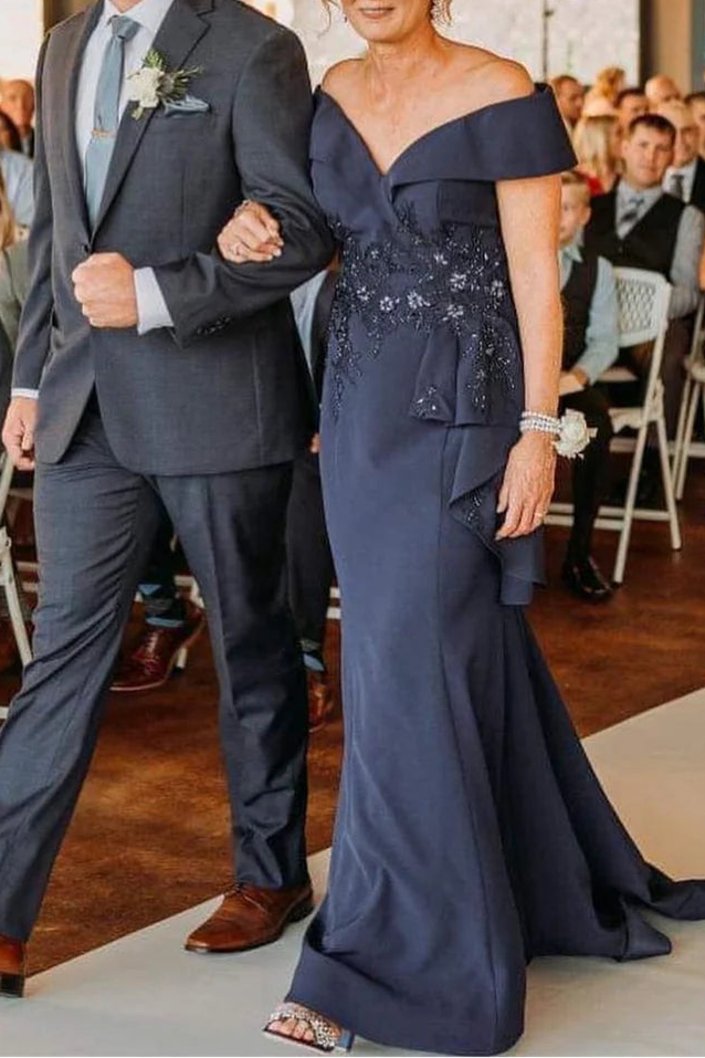 Dark Blue Appliques Off-shoulder V Neck Ruffle Full Length Mother of the Bride Dress