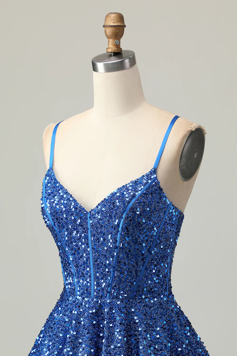 Dark Blue Sequins V Neck Spaghetti Straps A Line Lace Up Short Corset Homecoming Dress