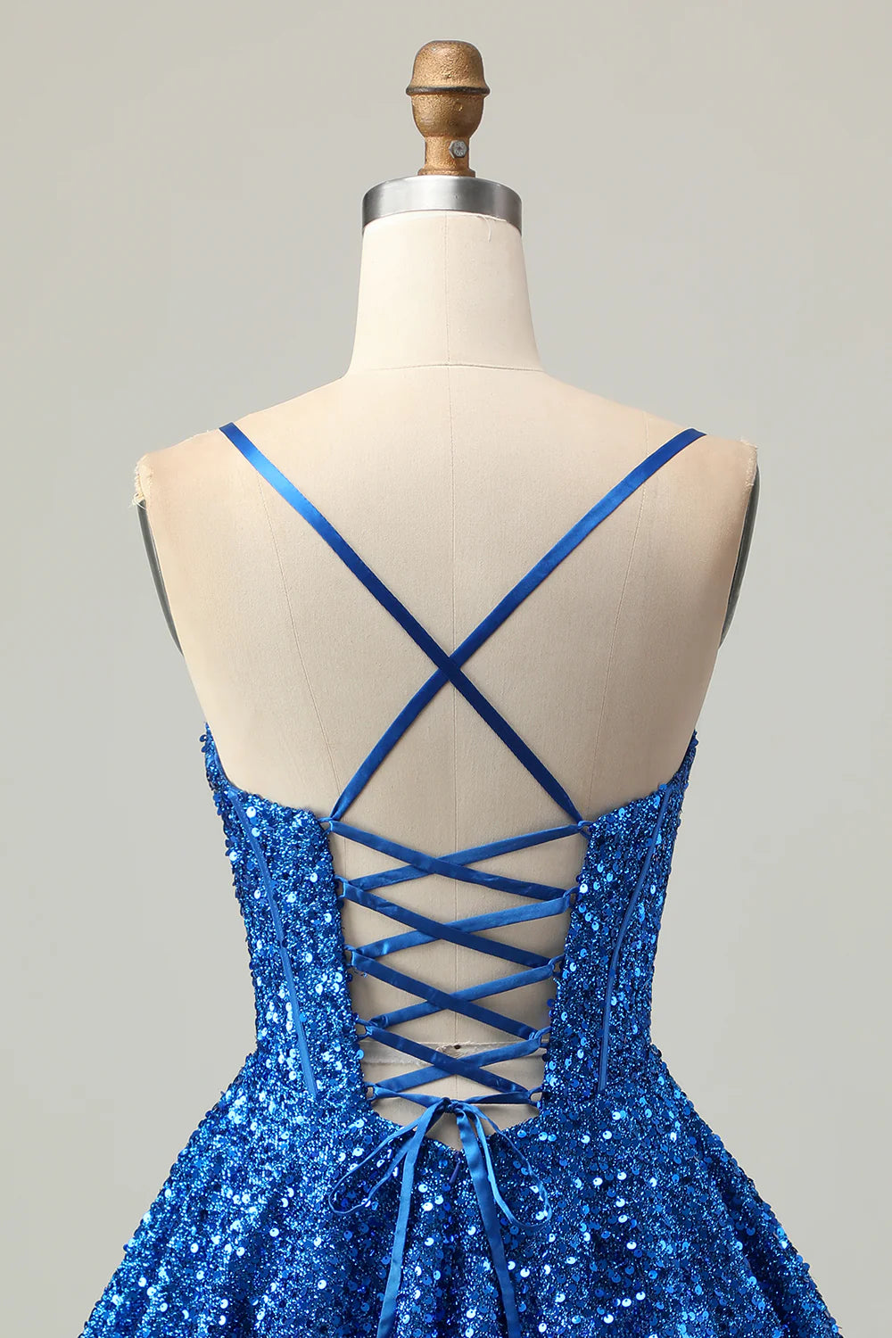 Dark Blue Sequins V Neck Spaghetti Straps A Line Lace Up Short Corset Homecoming Dress