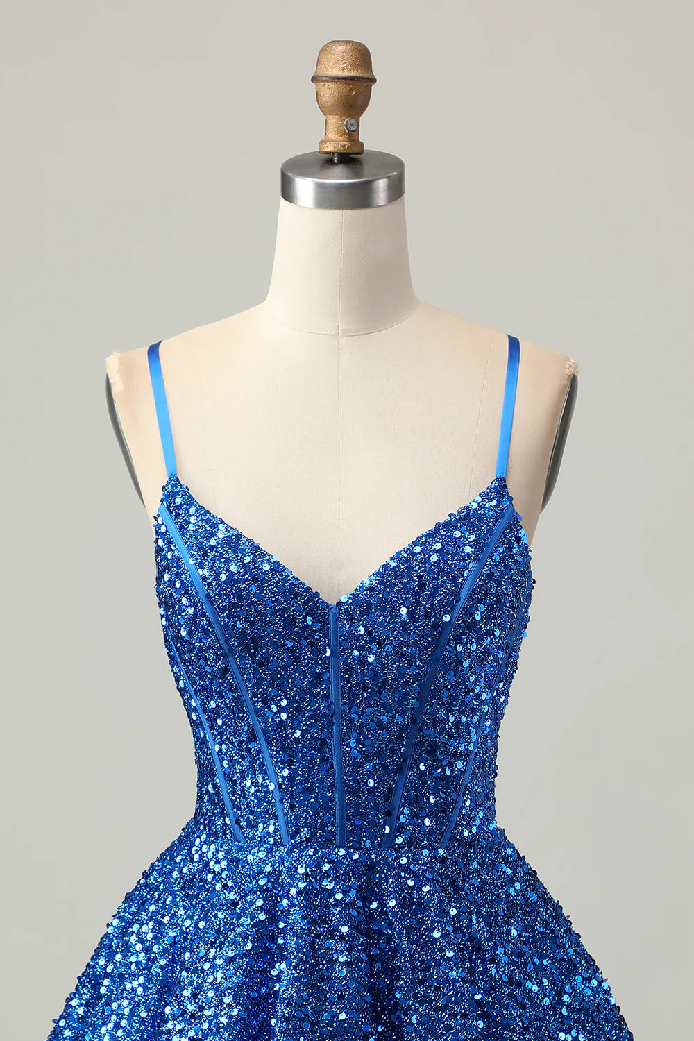 Dark Blue Sequins V Neck Spaghetti Straps A Line Lace Up Short Corset Homecoming Dress