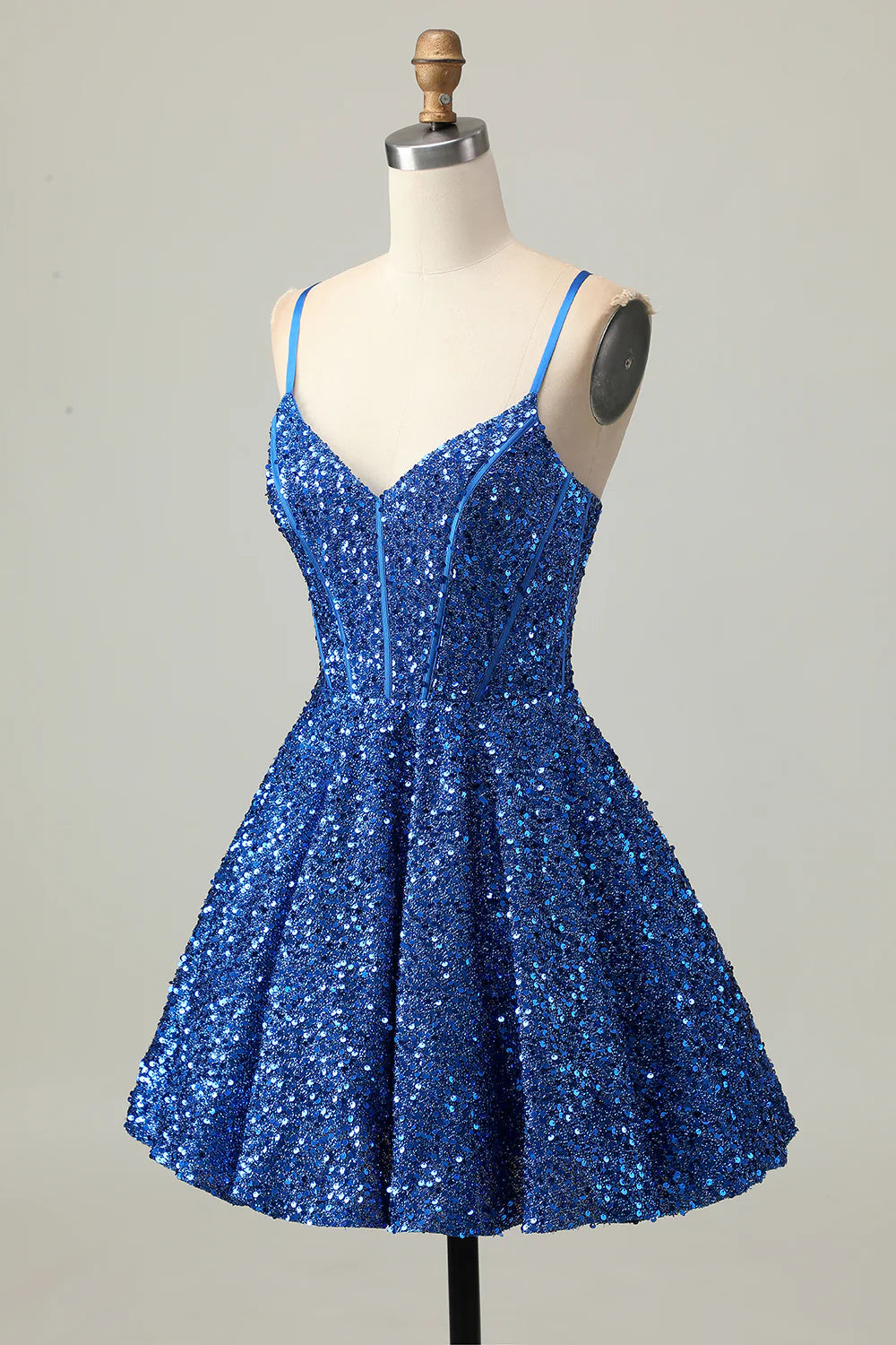 Dark Blue Sequins V Neck Spaghetti Straps A Line Lace Up Short Corset Homecoming Dress