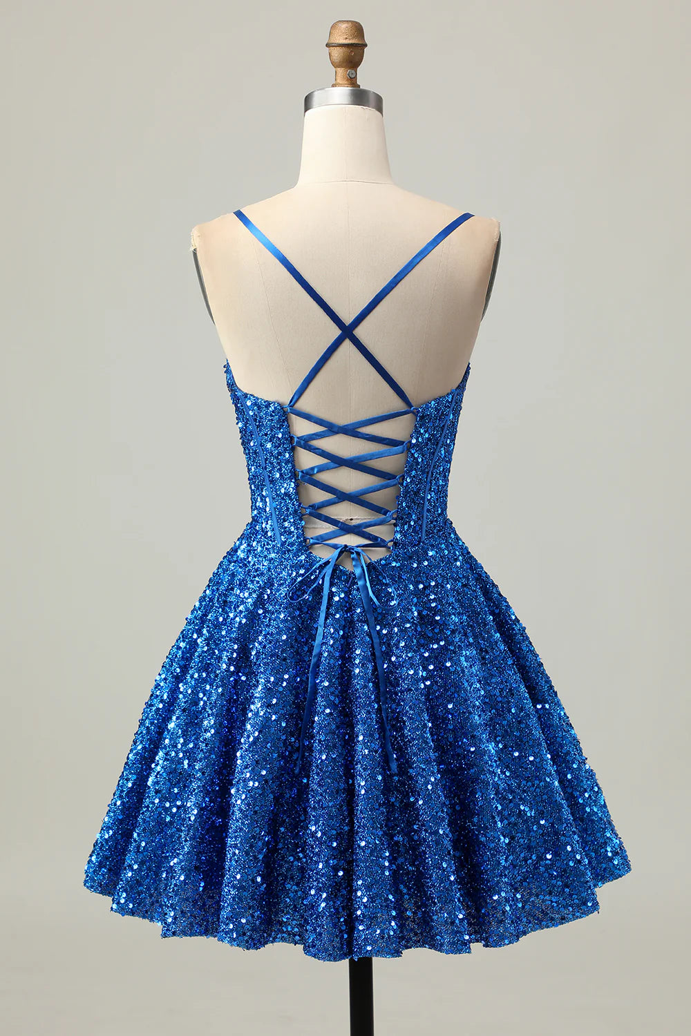 Dark Blue Sequins V Neck Spaghetti Straps A Line Lace Up Short Corset Homecoming Dress