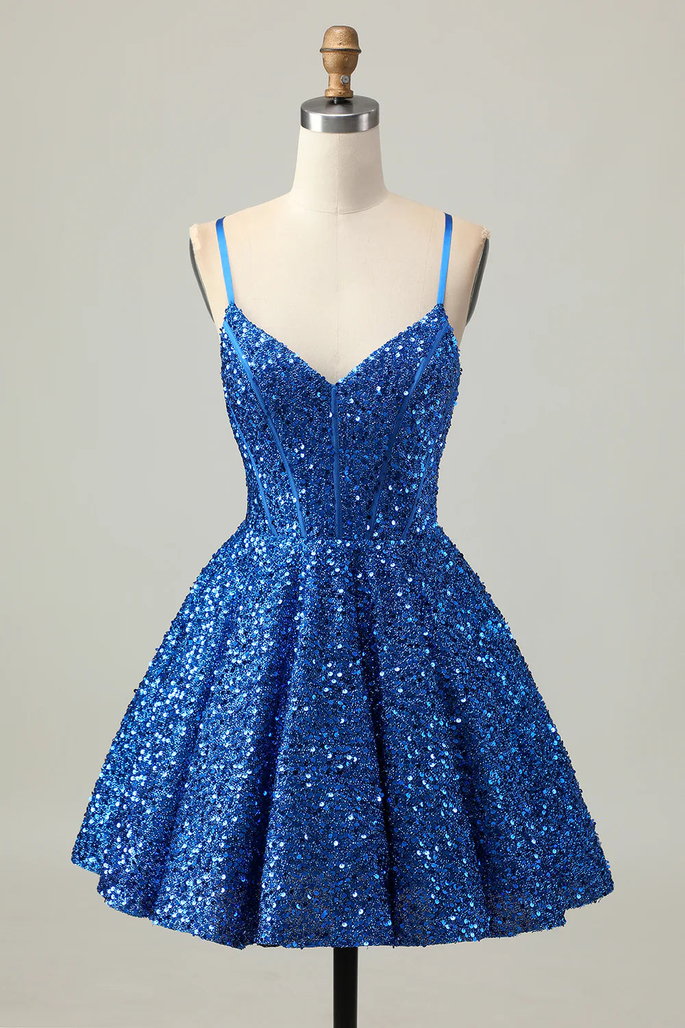 Dark Blue Sequins V Neck Spaghetti Straps A Line Lace Up Short Corset Homecoming Dress