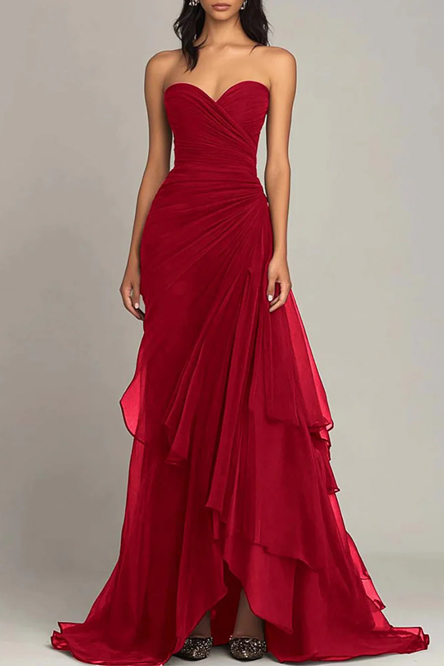 Dark Brown Sweetheart Neck Ruched Ruffled Prom Dress With Asymmetrical Hem