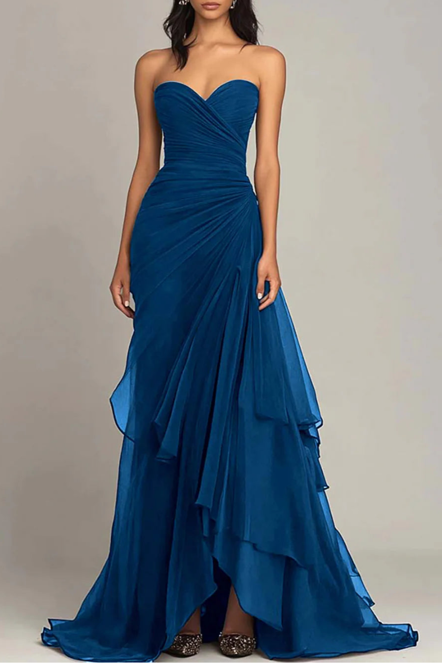 Dark Brown Sweetheart Neck Ruched Ruffled Prom Dress With Asymmetrical Hem