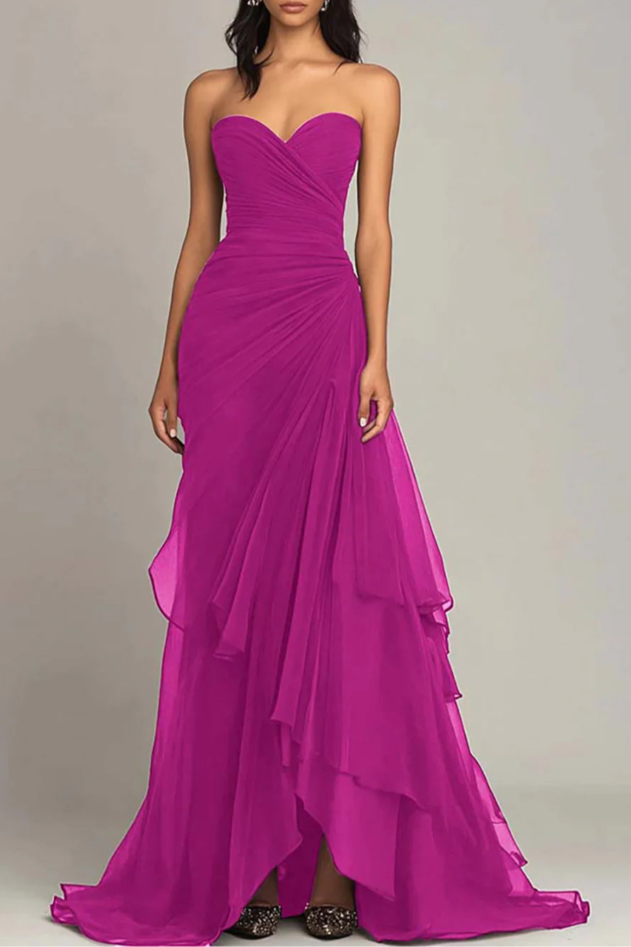 Dark Brown Sweetheart Neck Ruched Ruffled Prom Dress With Asymmetrical Hem