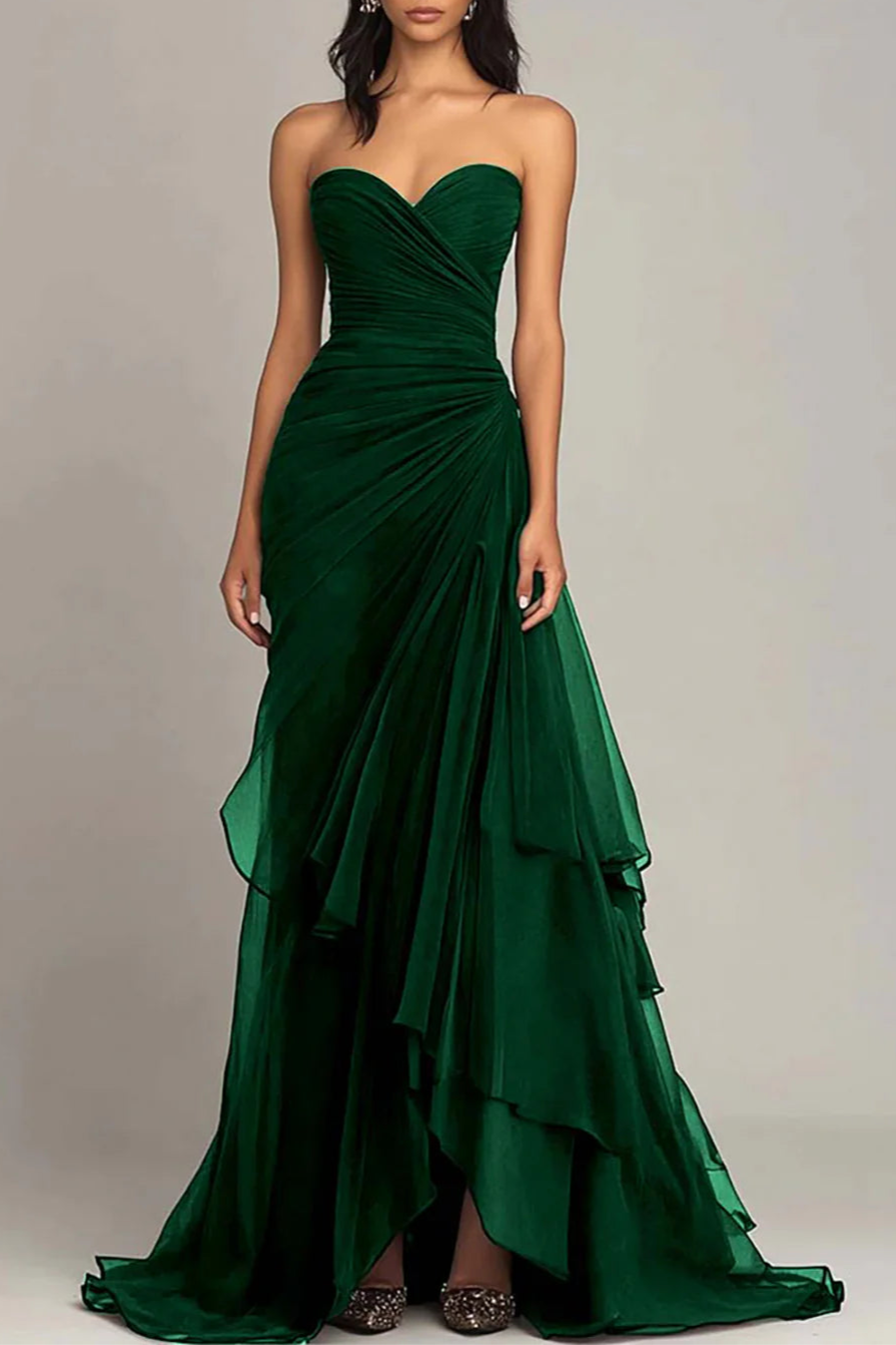 Dark Brown Sweetheart Neck Ruched Ruffled Prom Dress With Asymmetrical Hem