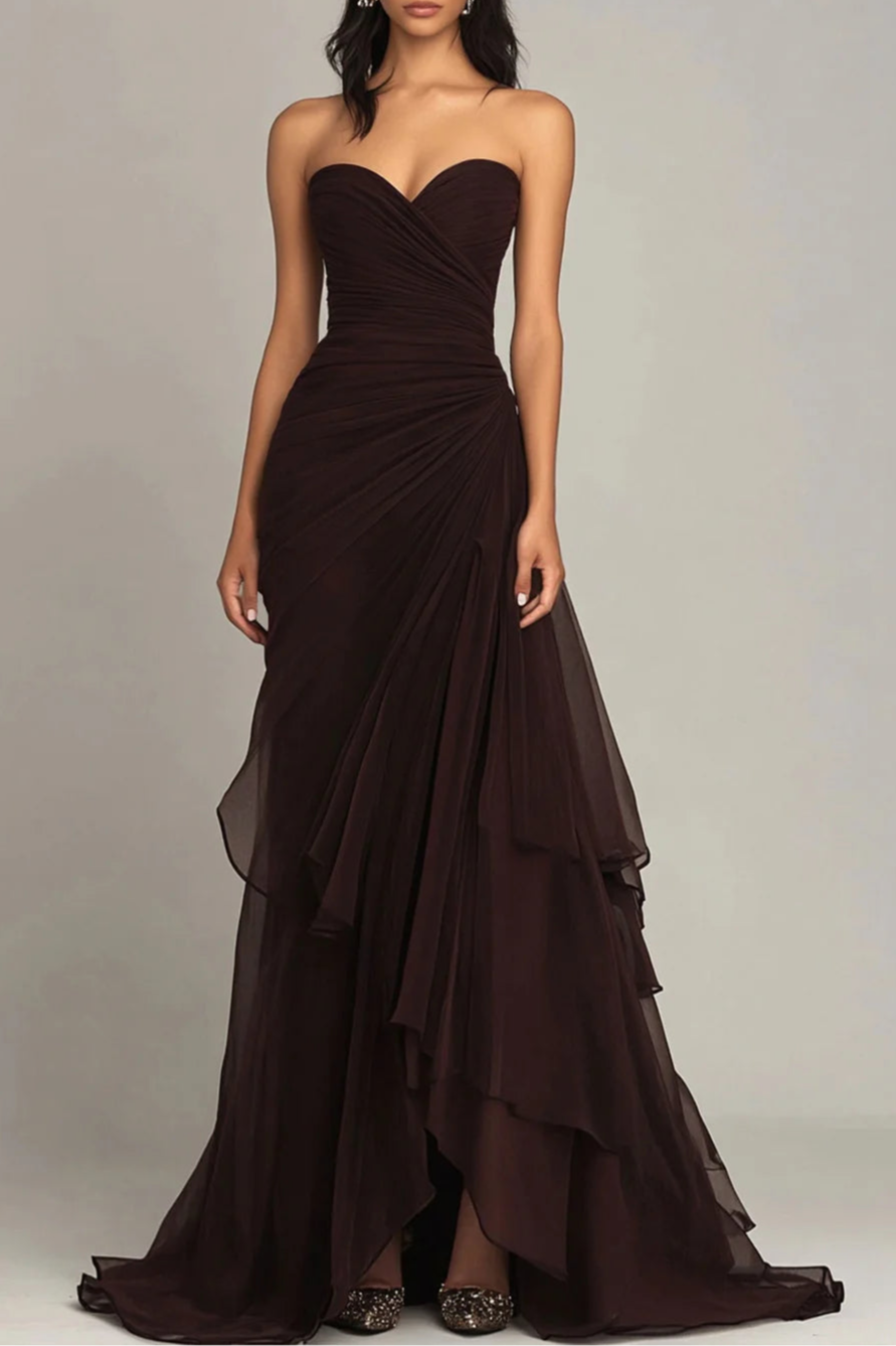 Dark Brown Sweetheart Neck Ruched Ruffled Prom Dress With Asymmetrical Hem