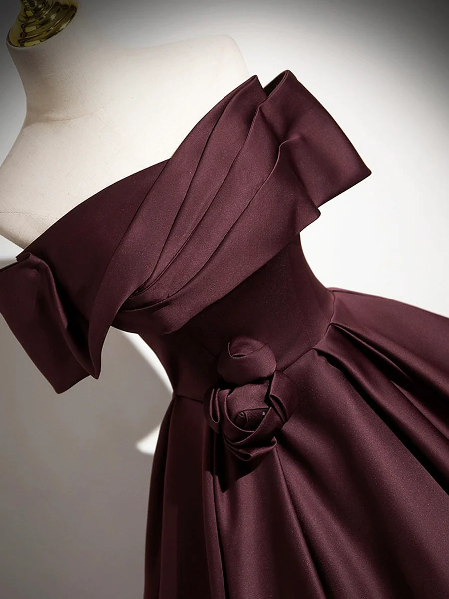 Dark Burgundy Satin 3D Flowers Pleated Long Prom Dress A-Line Off the Shoulder Floor Length Evening Party Dress
