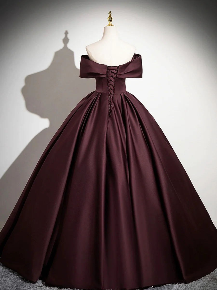 Dark Burgundy Satin 3D Flowers Pleated Long Prom Dress A-Line Off the Shoulder Floor Length Evening Party Dress