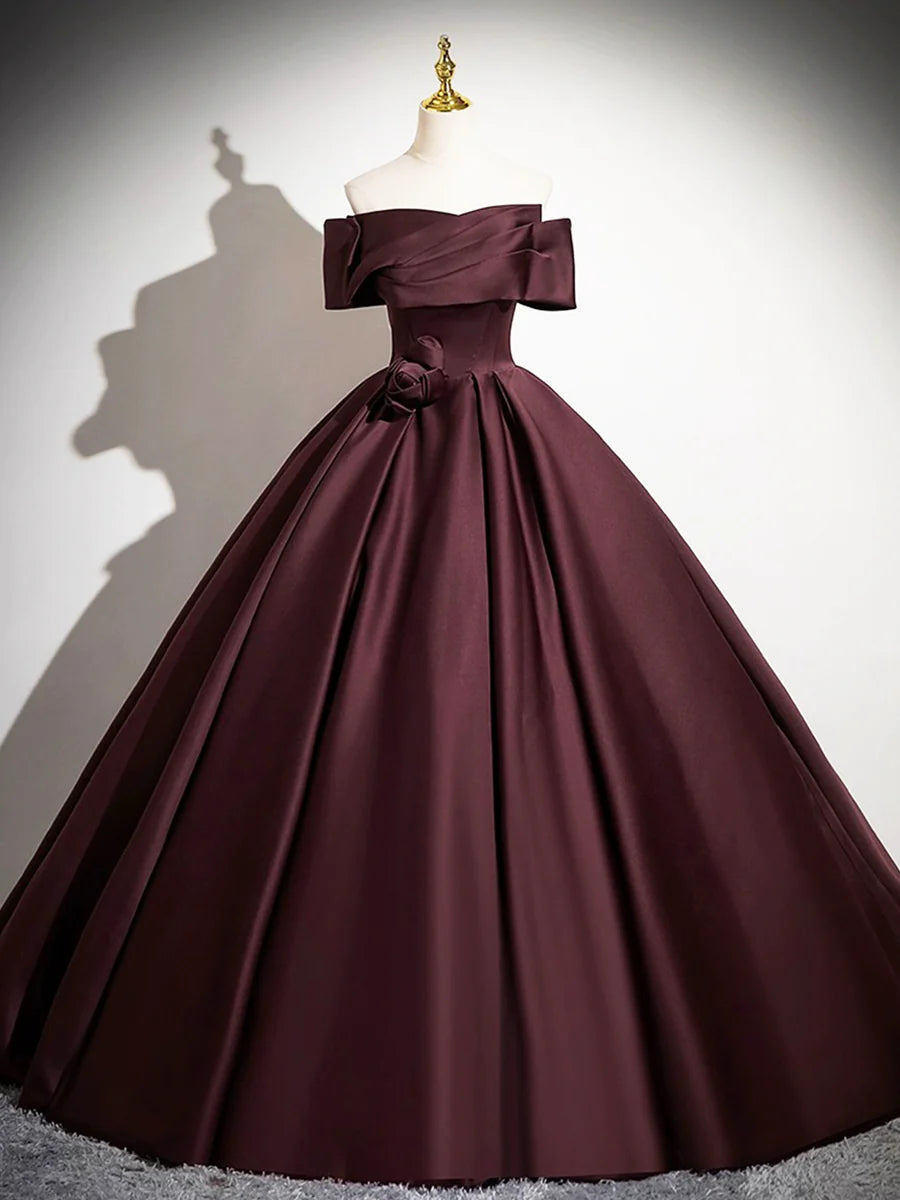 Dark Burgundy Satin 3D Flowers Pleated Long Prom Dress A-Line Off the Shoulder Floor Length Evening Party Dress
