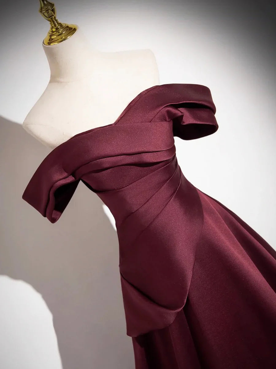 Dark Burgundy Satin Pleated Long Prom Dress A-Line Off the Shoulder Floor Length Evening Party Dress