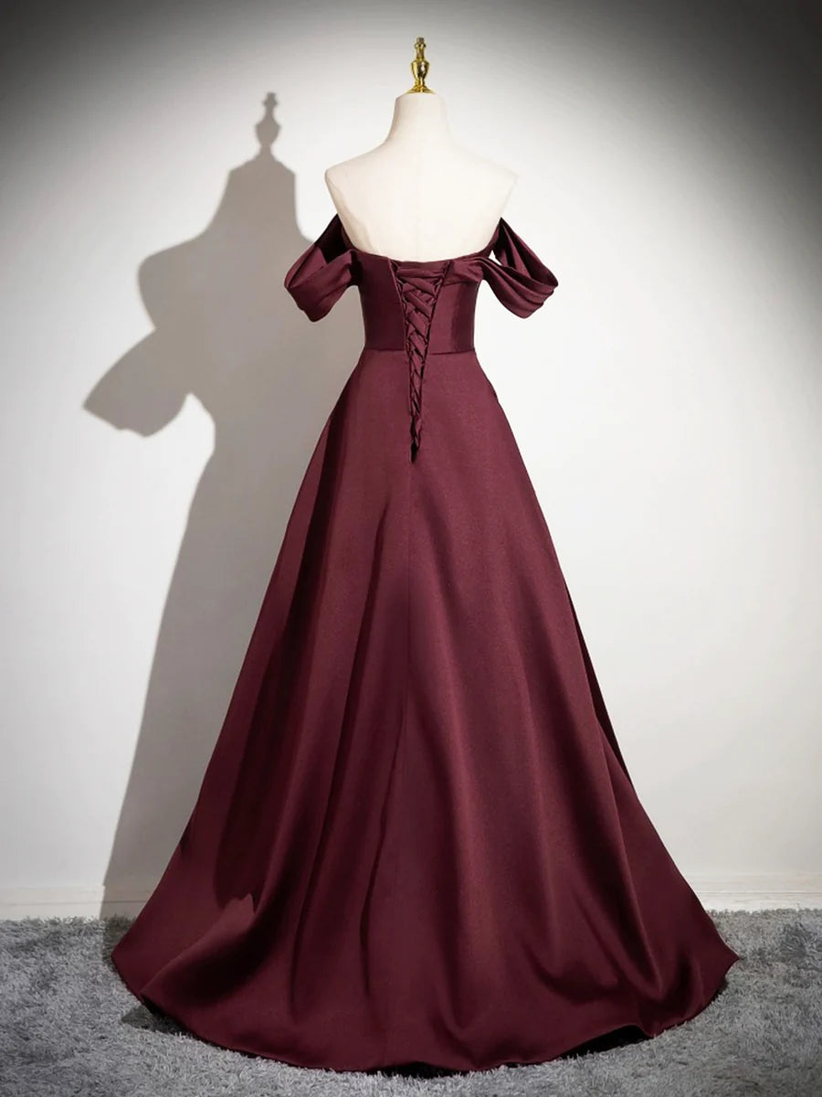 Dark Burgundy Satin Pleated Long Prom Dress A-Line Off the Shoulder Floor Length Evening Party Dress