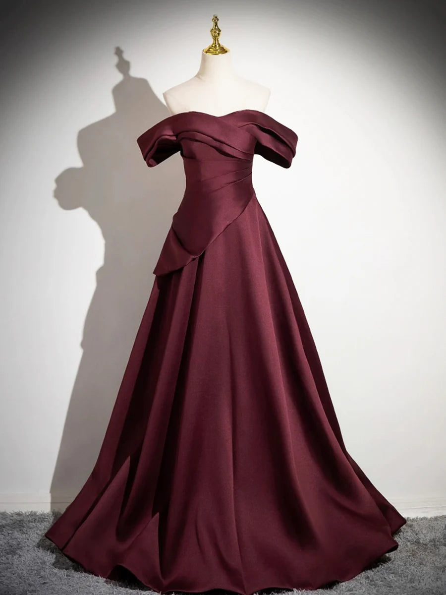 Dark Burgundy Satin Pleated Long Prom Dress A-Line Off the Shoulder Floor Length Evening Party Dress