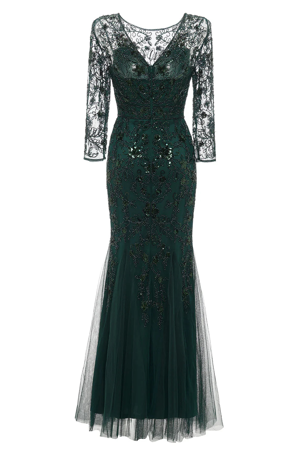 Dark Green Floral Lace Sequins With Beading Mermaid Long Sleeves Formal Evening Party Dress