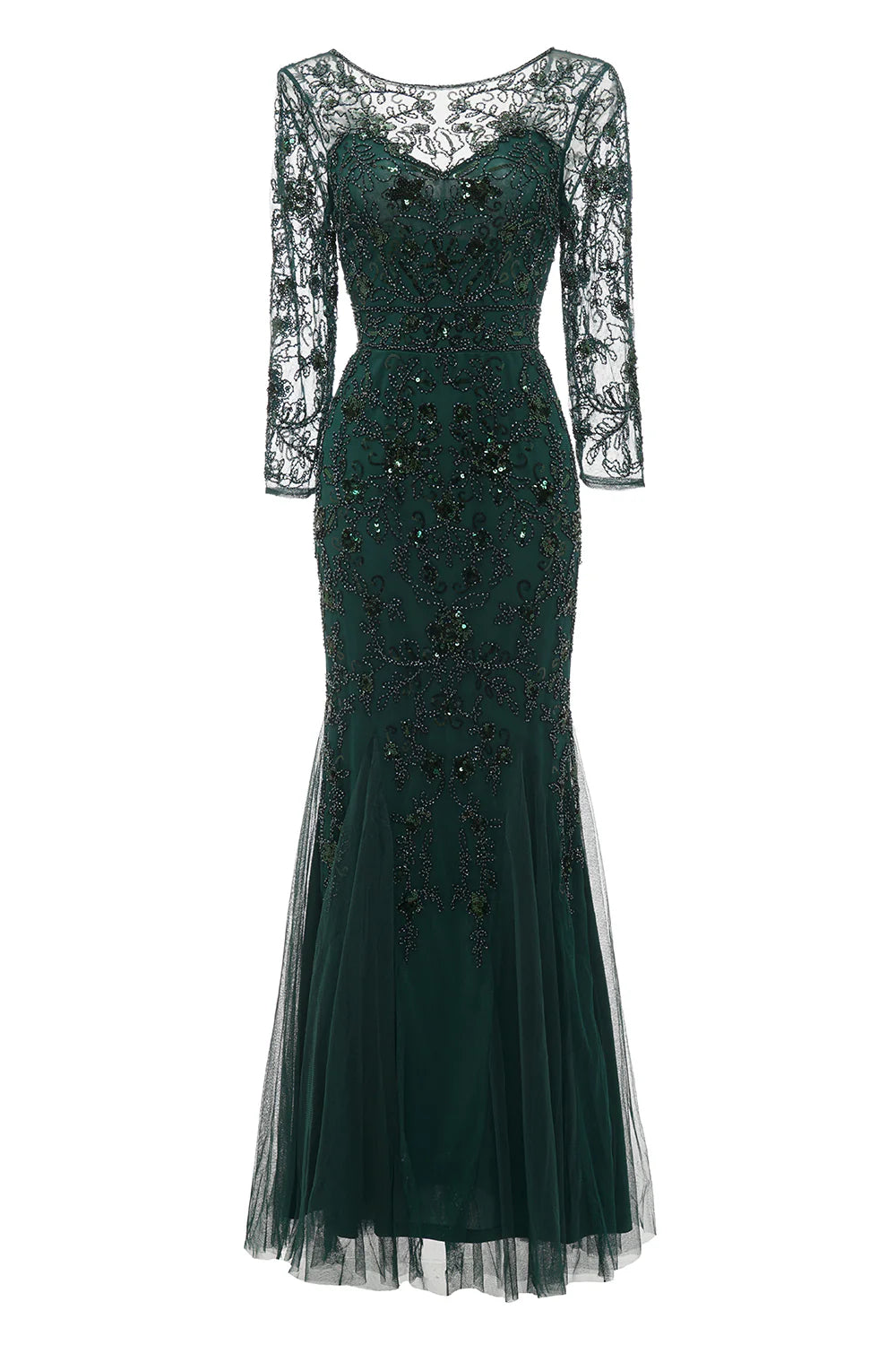 Dark Green Floral Lace Sequins With Beading Mermaid Long Sleeves Formal Evening Party Dress