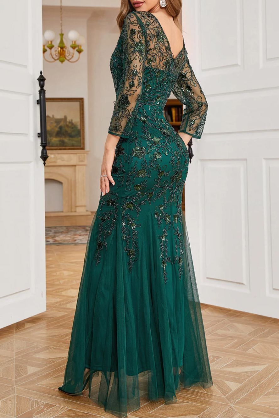 Dark Green Floral Lace Sequins With Beading Mermaid Long Sleeves Formal Evening Party Dress
