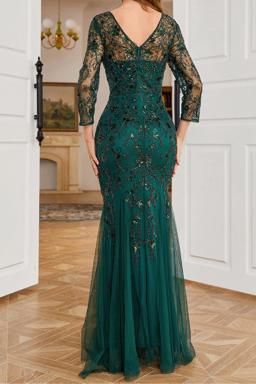 Dark Green Floral Lace Sequins With Beading Mermaid Long Sleeves Formal Evening Party Dress