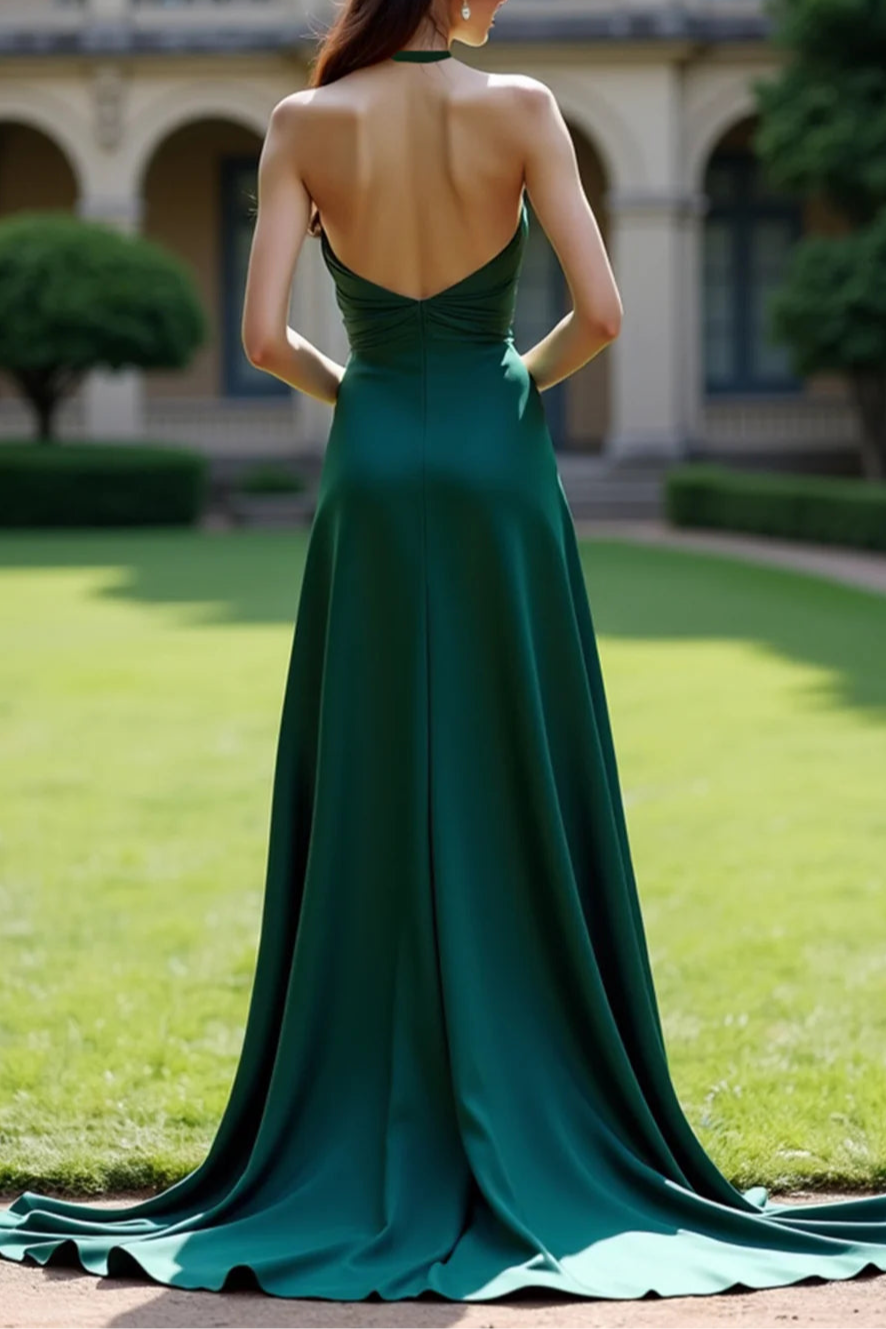 Dark Green Satin Halter Neck A Line Open Back Evening Dress With Side Slit Party Dress