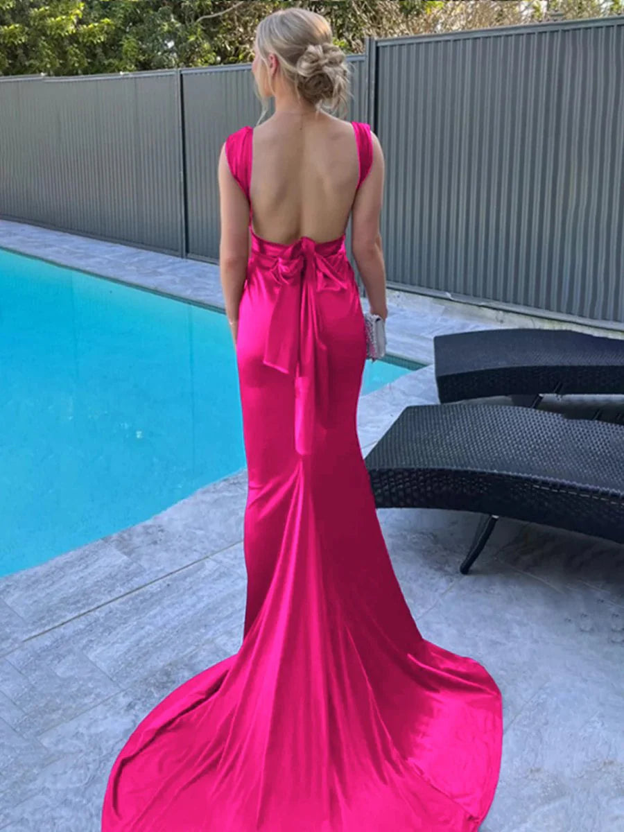 Dark Green Satin Low Collar Straps Mermaid Open Back Pleated Long Prom Dress With Sweep Train