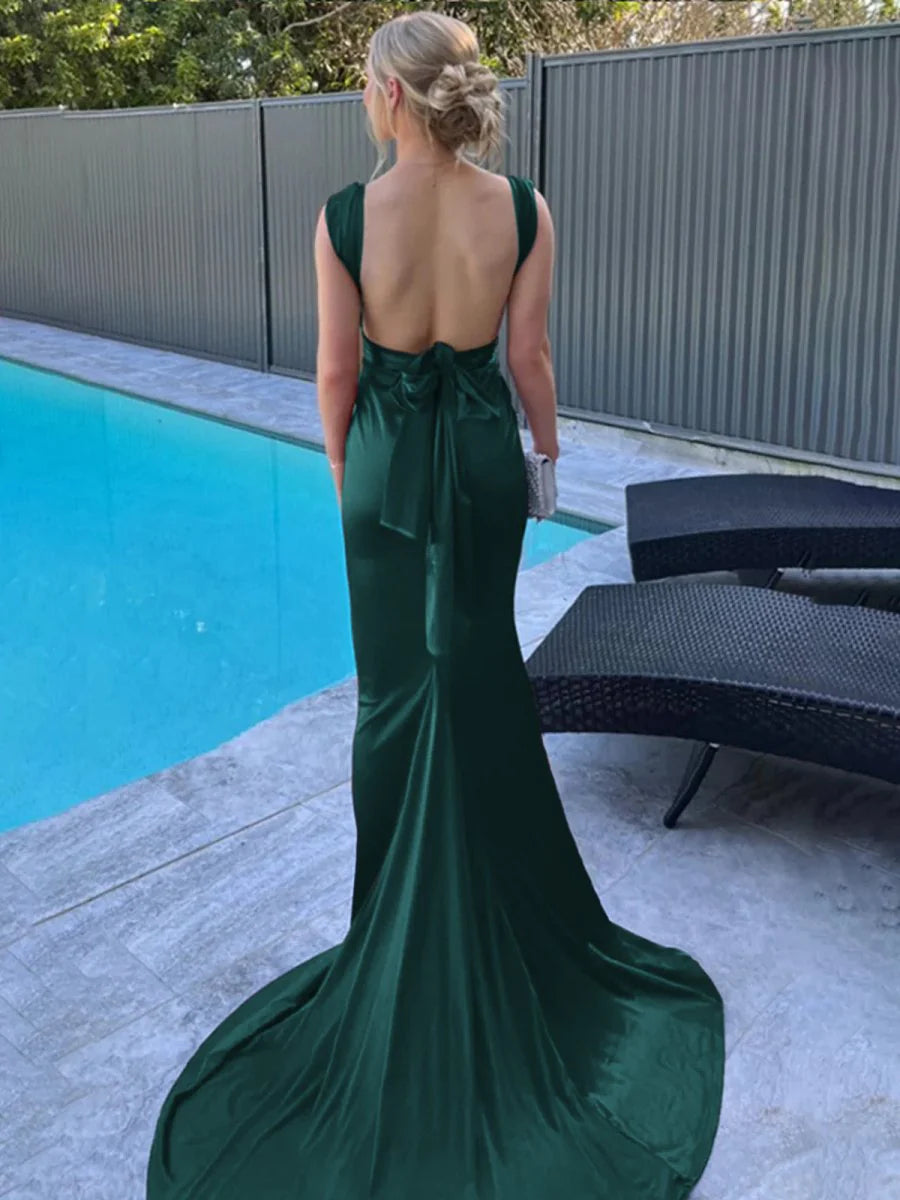 Dark Green Satin Low Collar Straps Mermaid Open Back Pleated Long Prom Dress With Sweep Train