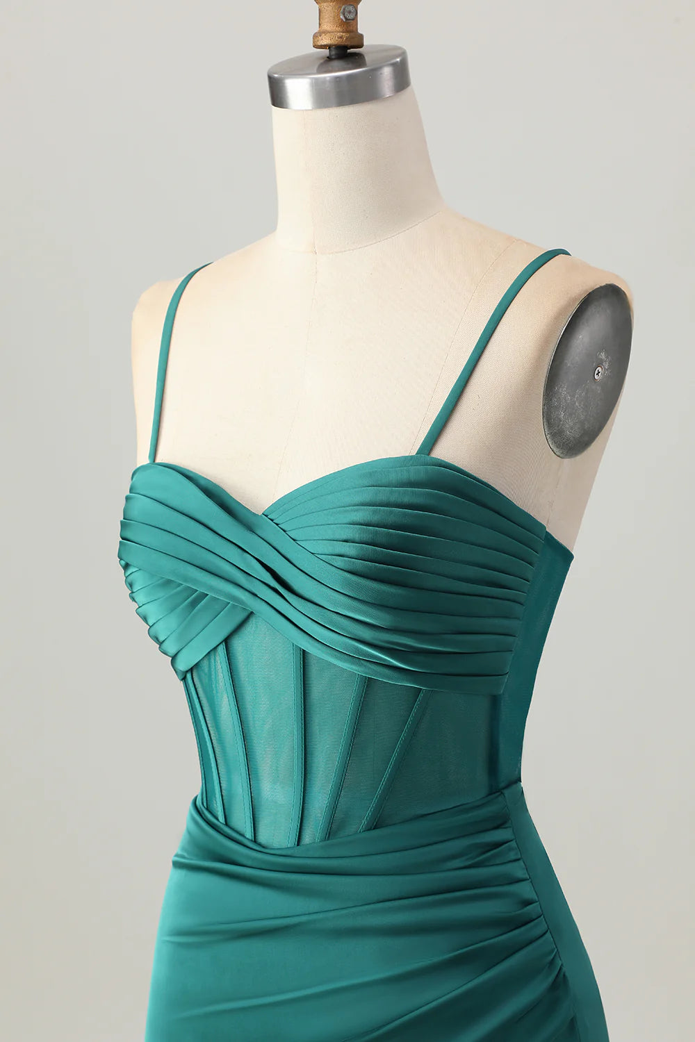 Dark Green Satin Pleated Spaghetti Straps Homecoming Dress Corset Tight Short Party Dress