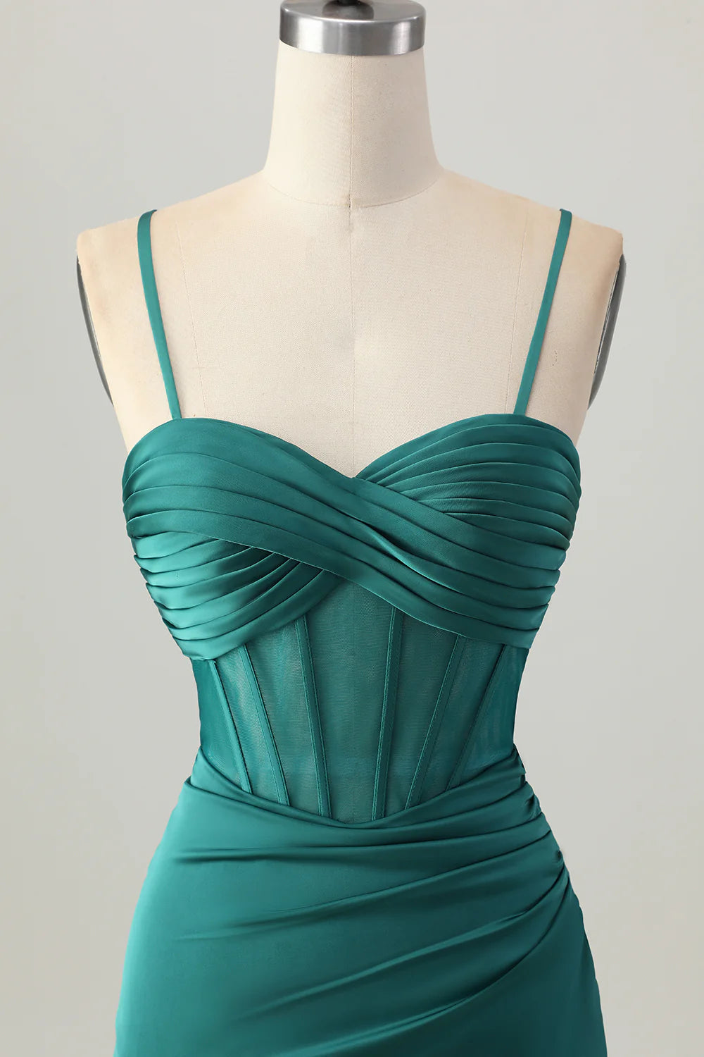 Dark Green Satin Pleated Spaghetti Straps Homecoming Dress Corset Tight Short Party Dress