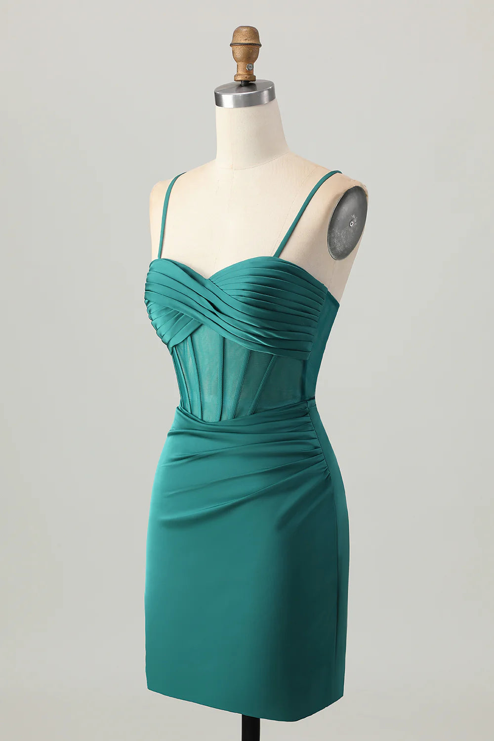Dark Green Satin Pleated Spaghetti Straps Homecoming Dress Corset Tight Short Party Dress