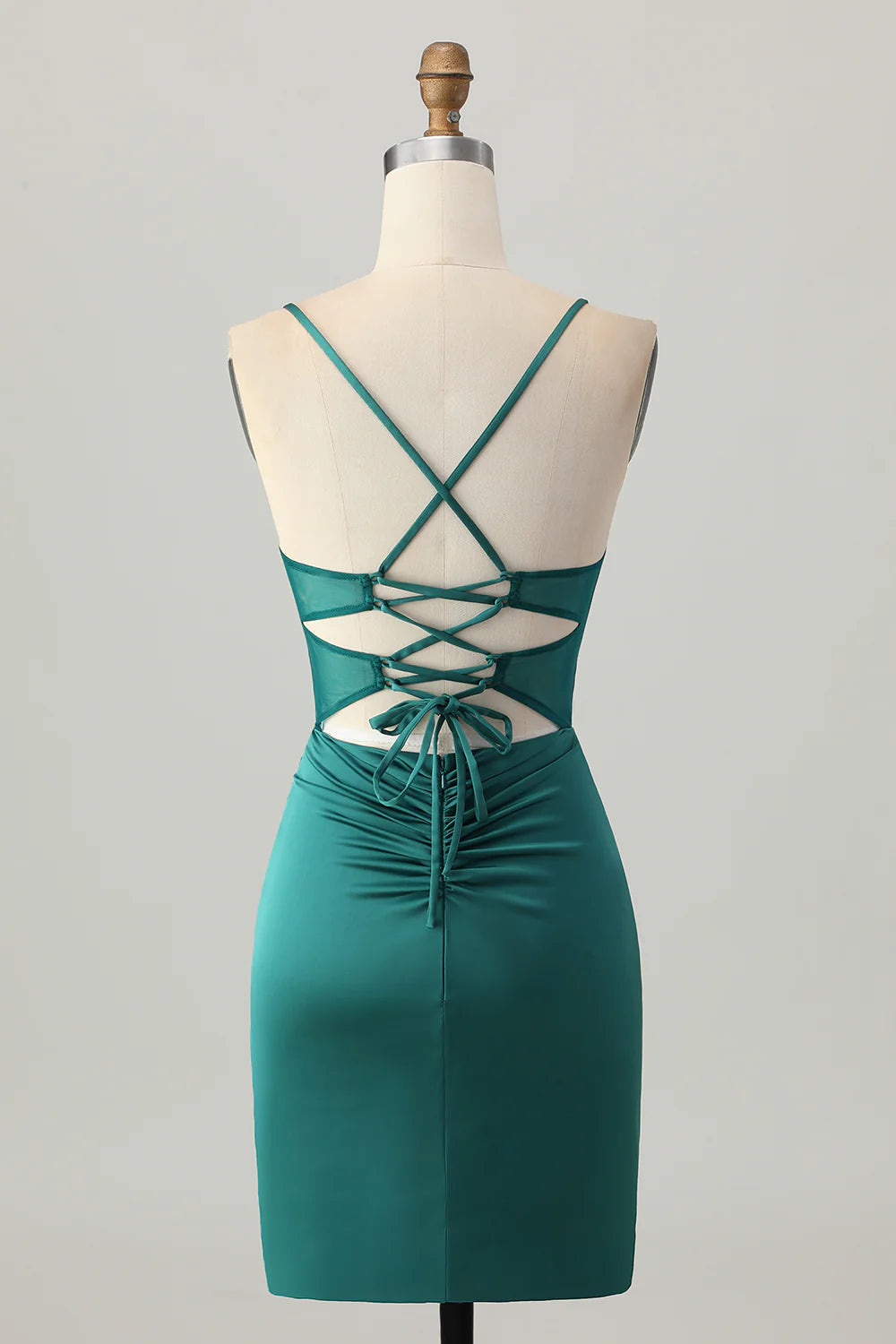 Dark Green Satin Pleated Spaghetti Straps Homecoming Dress Corset Tight Short Party Dress