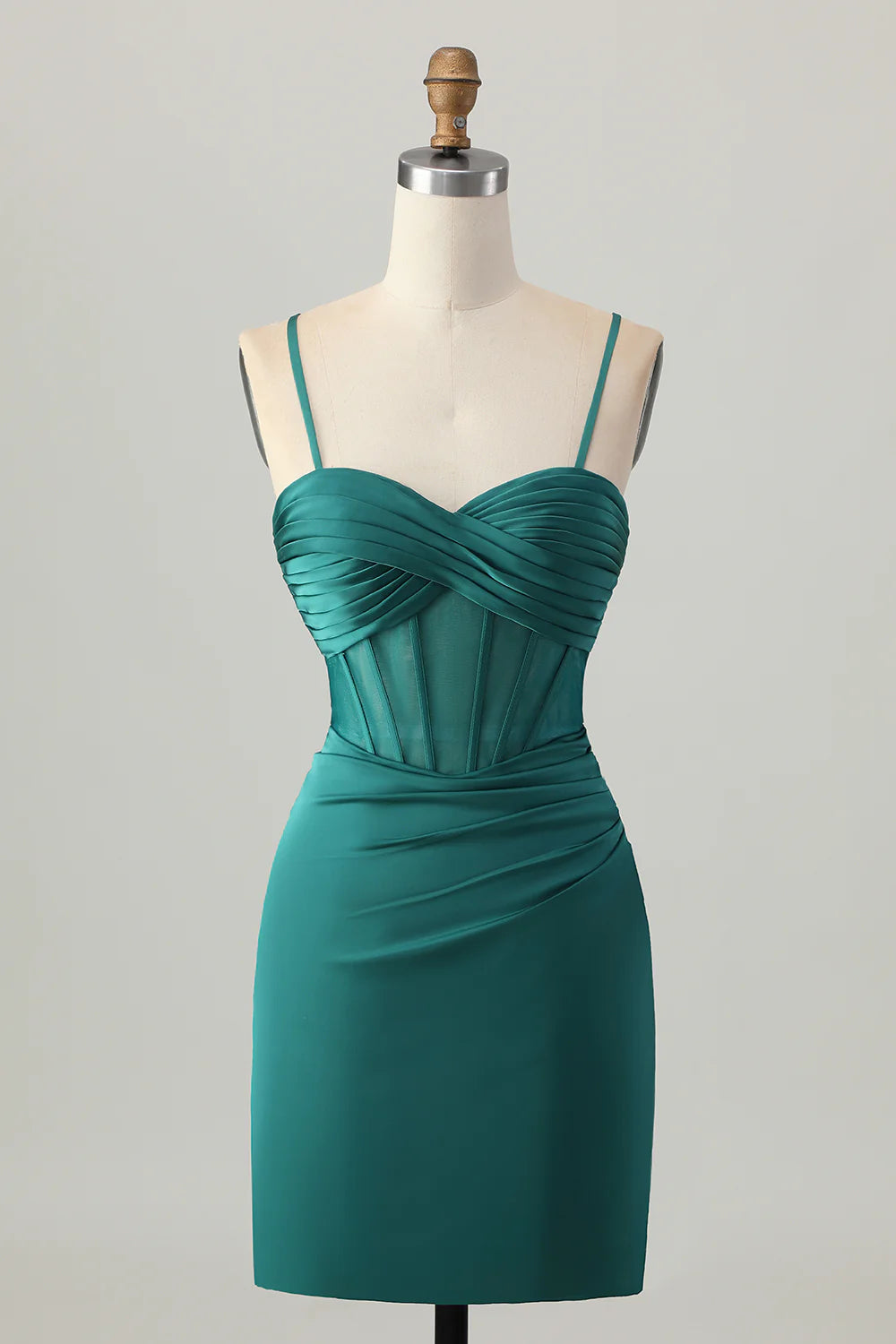 Dark Green Satin Pleated Spaghetti Straps Homecoming Dress Corset Tight Short Party Dress