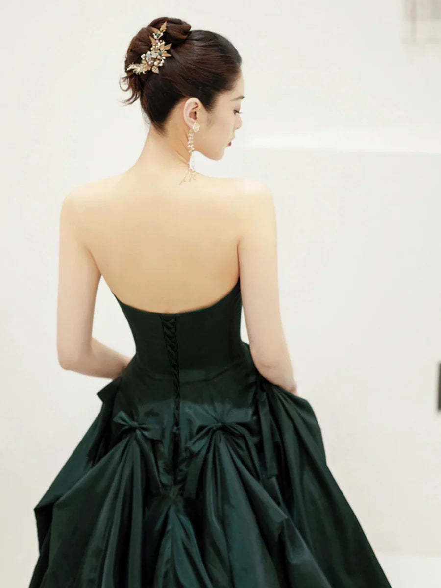 Dark Green Satin Strapless Back Lace-up A-Line Long Prom Dress Evening Party Dress
