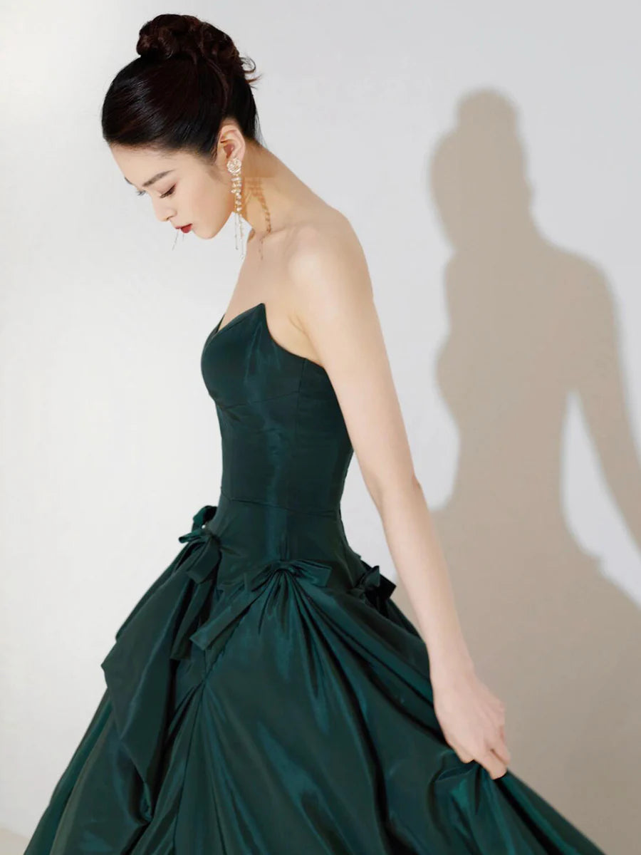 Dark Green Satin Strapless Back Lace-up A-Line Long Prom Dress Evening Party Dress