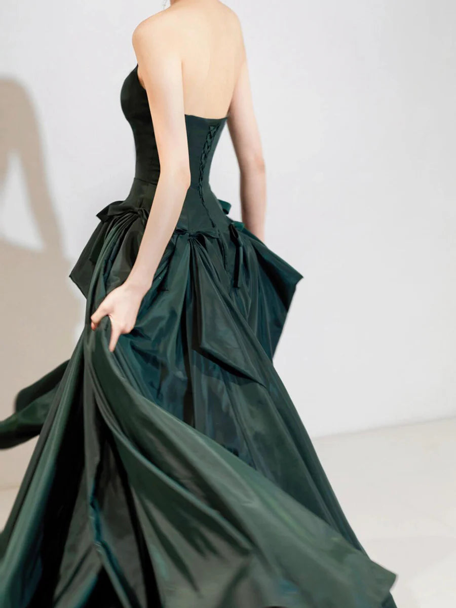 Dark Green Satin Strapless Back Lace-up A-Line Long Prom Dress Evening Party Dress