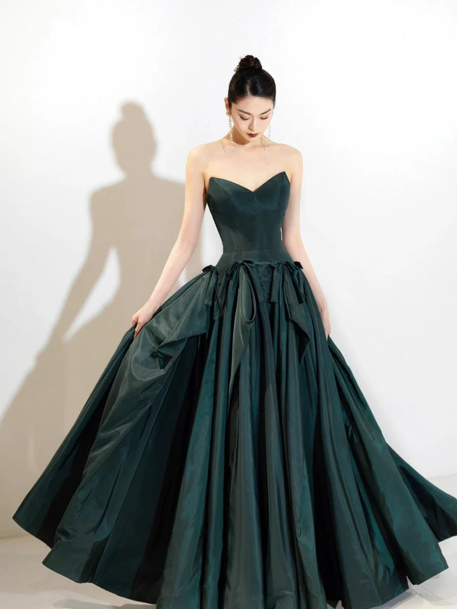 Dark Green Satin Strapless Back Lace-up A-Line Long Prom Dress Evening Party Dress
