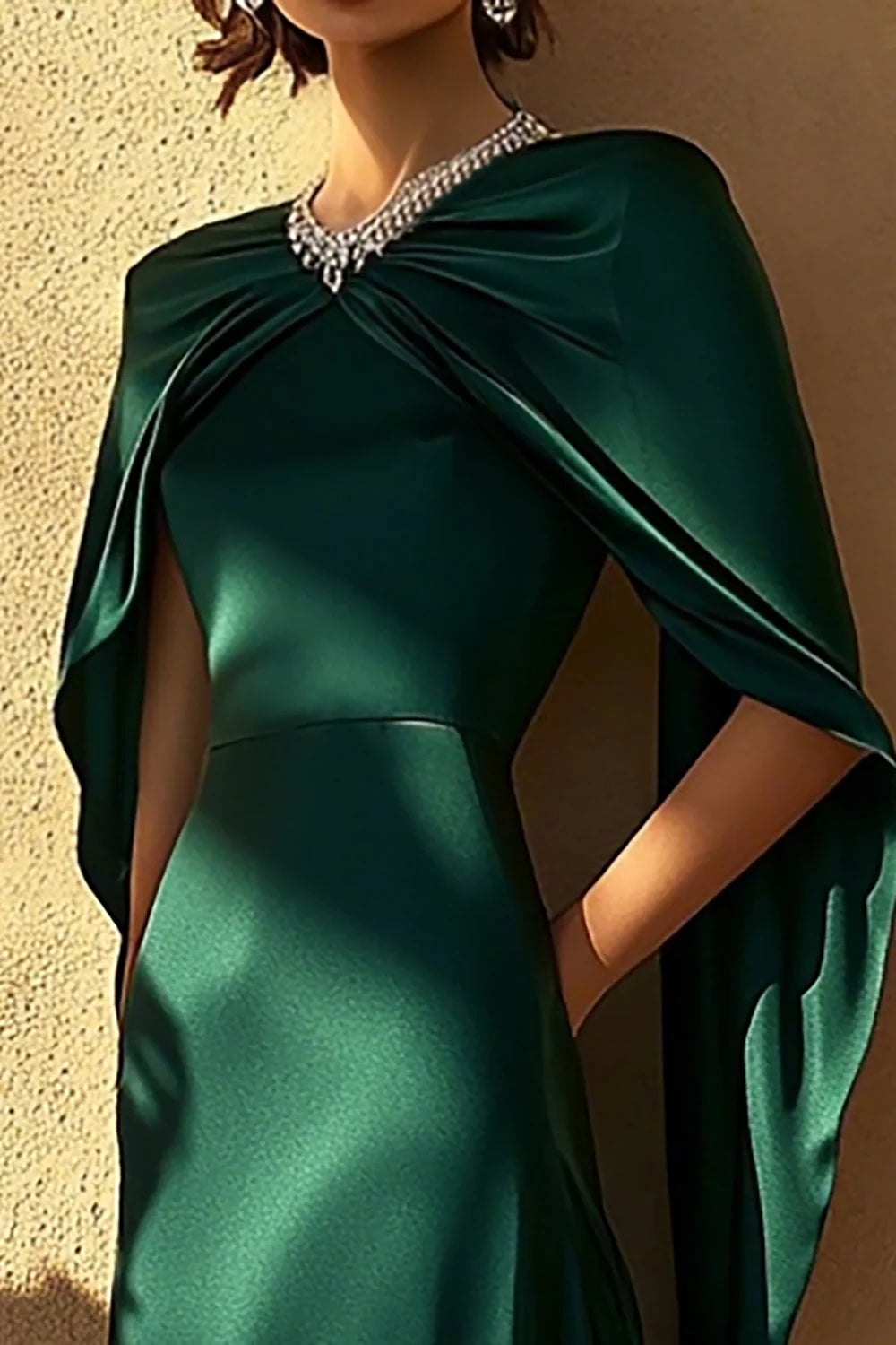 Dark Green Satin With Beaded Sheath Full Length Evening Dress With Cape Dark Green Prom Dress