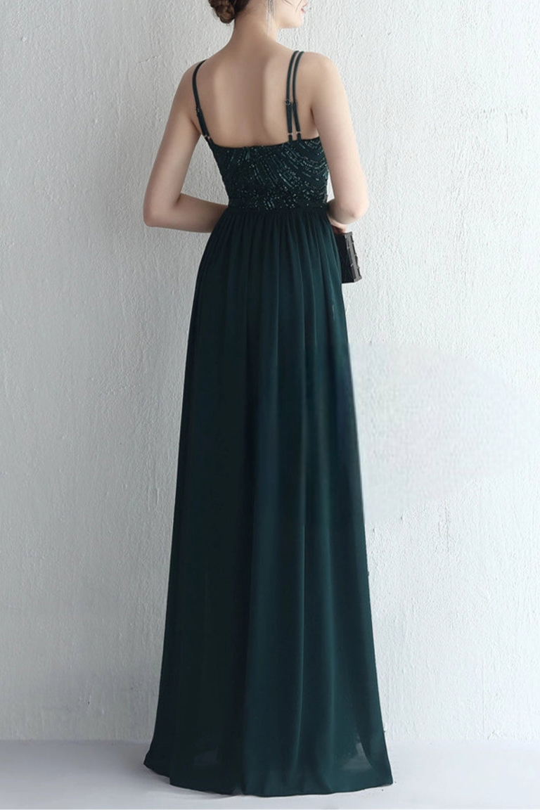 Dark Green Sequins With Beading Halter Spaghetti Straps Floor Length Party Dress With Cape