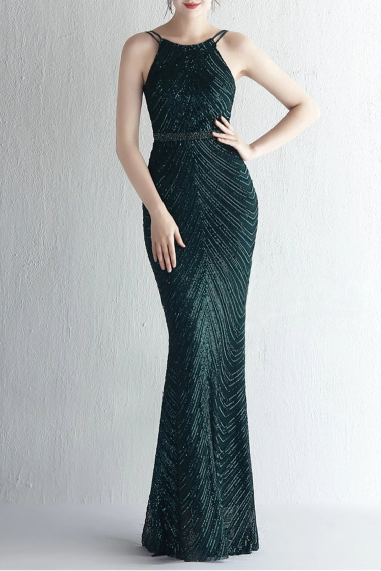 Dark Green Sequins With Beading Halter Spaghetti Straps Floor Length Party Dress With Cape