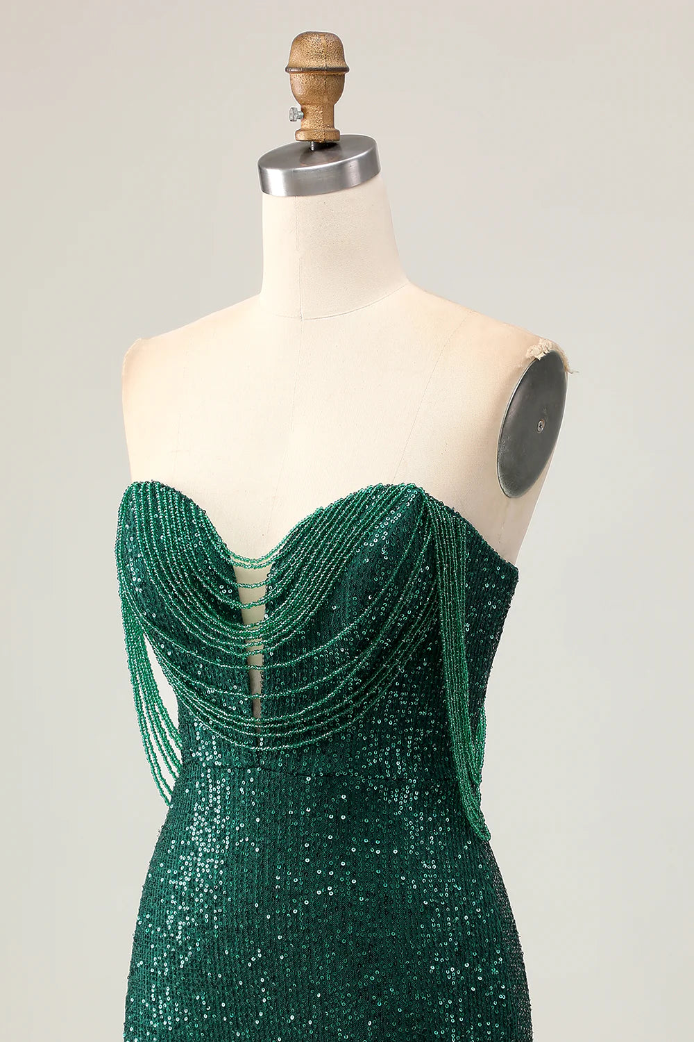 Dark Green Sparkly Sequins With Beaded Strapless Bodycon Short Homecoming Party Dress